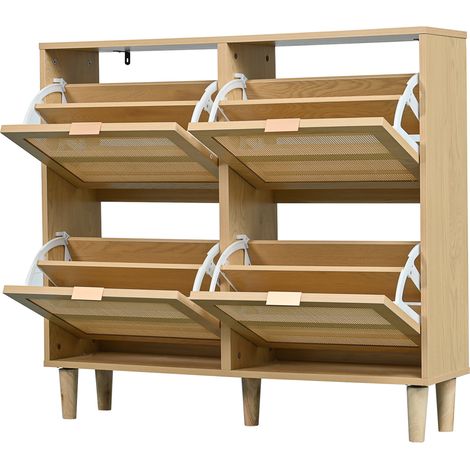 Meuble à chaussures en panneau bois décor chêne avec 4 tiroirs pliants en rotin, 100x25x90 cm, style campagne (1/5)