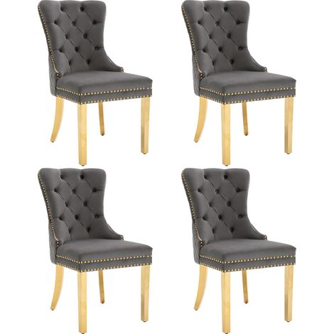 Chaise de salle à manger (chaise de cuisine, chaise de salon avec anneaux de tirage ronds uniques au dos, 4 Sts), chaise rembourrée ornée de clous, pieds de soutien en acier inoxydable plaqué or, revê (1/5)