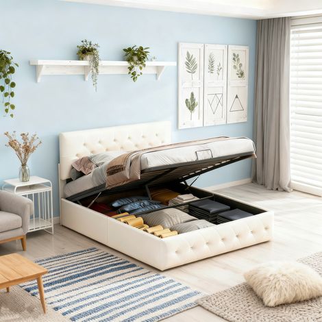 lit coffre double 140x200, lit capitonné 140x200cm avec Sommier à Lattes, Lit Adulte, Cadre de Lit pour 2 Personne, velours, Beige
