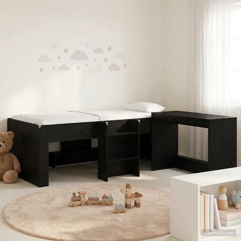 Cadre de Lit avec Bureau 2 pc Chêne noir Bois d'ingénierie (1/5)