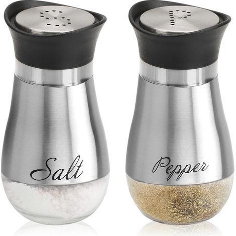 Ensemble aus 2 Salières und Poivrières aus rostfreiem Stahl und Glas, Empfänger von Epen mit Etikette, Silber. (1/5)