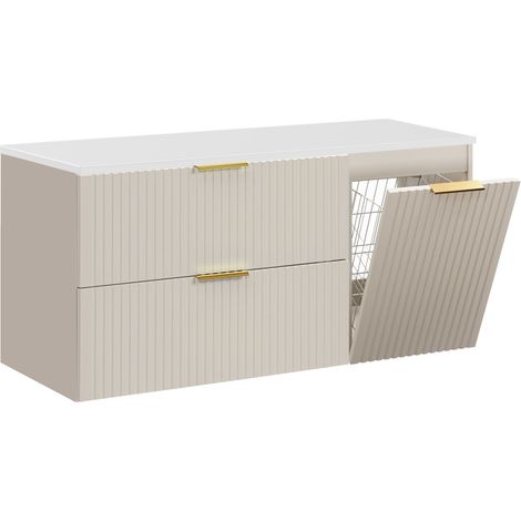 Furnidea - Meuble suspendu sous vasque ADEL CACHEMIRE 120 cm avec panier à linge et plan blanc - 2 tiroirs - Façades rainurées (1/5)
