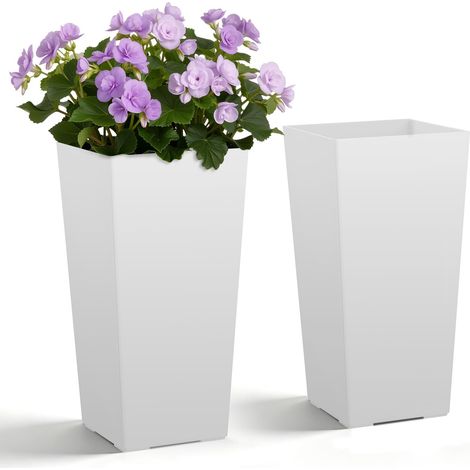 Jardinière Haute Lot de 2 Pot de Fleur Haut 55 cm pour Plantes Intérieur Extérieur Porche Entrée Terrasse Jardin, avec Style Moderne en Plastique, Forme Carrée Conique, Blanc (1/5)
