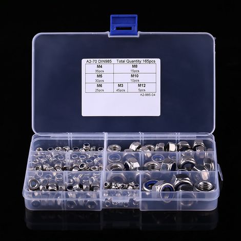 Kit de 165 écrous autofreinés nylon inox A2 SS304, assortiment M3 M4 M5 M6 M8 M10 M12, acier inoxydable, fixation résistante. (1/5)