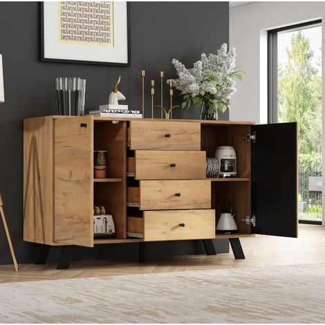 Buffet 120x38x75 cm chêne naturel et noir en MDF et bois massif avec 4 tiroirs et 2 armoires (1/5)