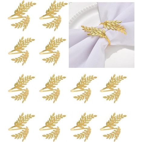 Juego de 12 servilleteros de oro de 14 quilates, con cierres de metal dorado en forma de hoja, ideales para Acción de Gracias, Navidad, bodas (1/5)