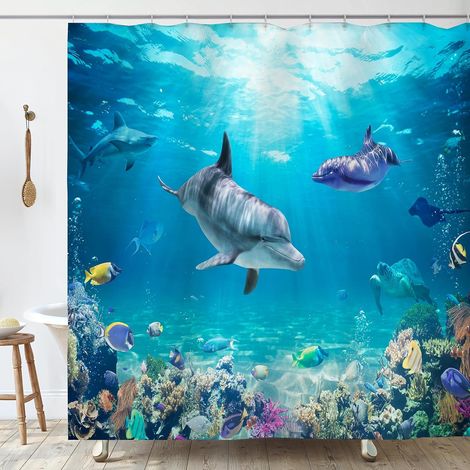 Rideau Douche Anti Moisissure 180x180 Dauphin Rideau de Douche Baignoire Tissu Imperméable Polyester Poisson Océan Bleu Rideaux Salle de Bain avec Anneaux Tissus Lavable Machine (1/5)