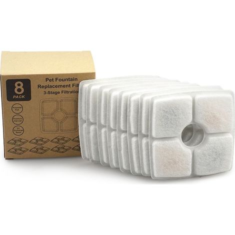 Lot de 8 filtres de rechange pour fontaines à eau, avec résine de charbon actif, système de filtration à trois couches pour fontaines à eau et distributeurs d'eau pour chats. (1/5)