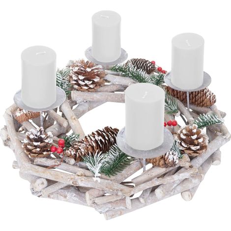 [NEUWERTIG] Tischkranz rund, Weihnachtsdeko Adventskranz, Holz Ø 35cm weiß-grau mit Kerzen, weiß