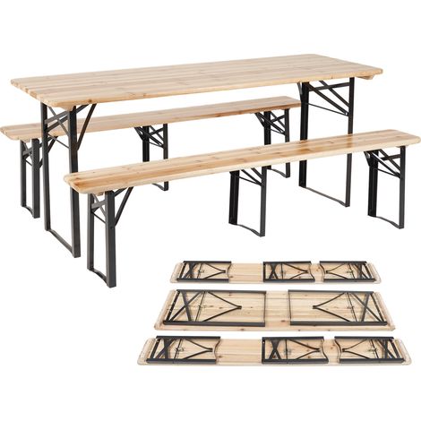 Set Birreria 220 x 70 Cm XXL 10 Posti 3 Pezzi 2 Panche 1 Tavolo Pieghevole Panca Da Feste Sagra Legno Abete Struttura Acciaio Richiudibile Feste Giardino Festa Birra