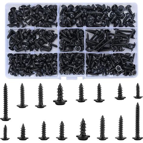 340 Pièces Vis Autotaraudeuses, Vis Autoforeuse Acier Carbone, Vis à Bois Noir, Kit Vis Tête Ronde, Vis Cruciforme Tête Plate pour Métal en Bois Souple - 8 Spécifications, Avec un Boîte Plastique (1/5)