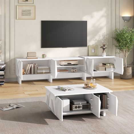Meuble TV et table basse 180x34x44,5 cm en panneaux de particules blanc rangement - CHICFURN (1/5)
