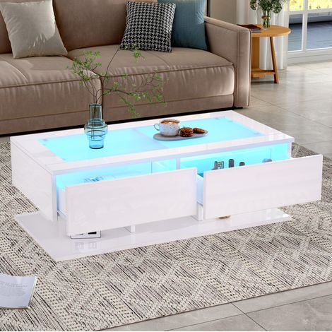 Mesa de centro 100x50x35 cm blanca en tablero de partículas y vidrio templado con 2 cajones y LED (1/5)