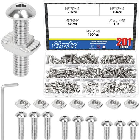 1Sets M5 en acier au carbone bouton tête vis et coulissant T-écrou Kit, comprend 100pcs Hex prise boulons, 100pcs T-écrou écrous, 1pcs Hex-clé (1/5)