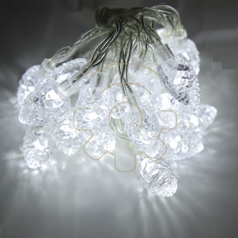 Se'rie 20 lumie'res de Noel LED en cone blanc glace' avec piles 2 me'tres chaine 2 jeux pour inte'rieur