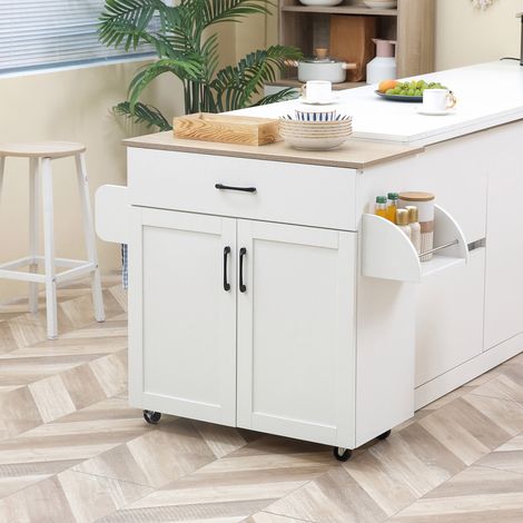 Isla de cocina de postre con múltiples opciones de almacenamiento: 1 cajón, 1 armario de dos puertas con estante ajustable, toallero y especiero - madera blanca (1/5)