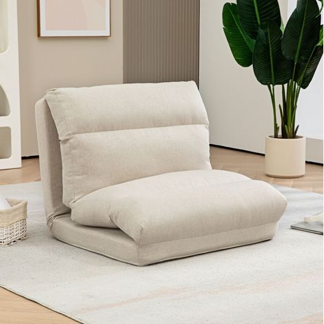 Fauteuil de sol convertible 6 positions, assise épaisse, dossier inclinable de 90° à 180°, tissu beige, pliable et compact, 120 kg - CHICFURN (1/5)