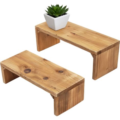 Blumenbank aus recyceltem Holz 2er Set natur - 35 / 30 cm - Echtholz Pflanzenständer rechteckig