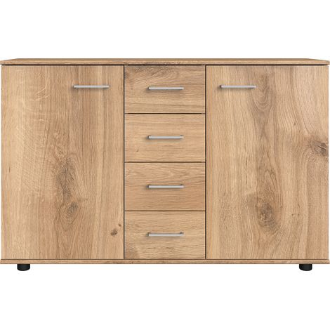 Commode meuble de rangement coloris imitation chêne poutre/chrome brillant - Longueur 130 x Hauteur 83 x Profondeur 41 cm -PEGANE-