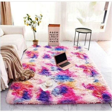 Tapis Shaggy - Surface en Velours Faux Fourrure - Couche Intermédiaire Éponge - Motif Arc-en-Ciel - Pour Salon Chambre ou Décoration Festive - 1 Pièce
