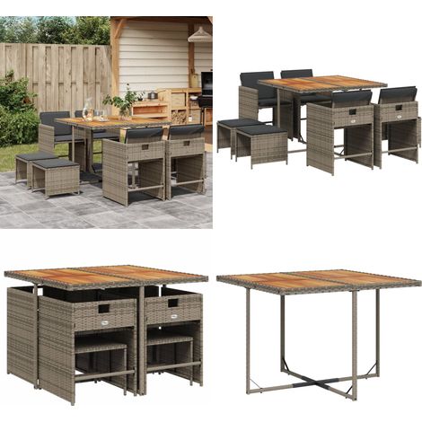 9-tlg. Garten-Essgruppe mit Kissen Grau Poly Rattan - Gartenmöbel Set - Gartentisch - Gartenstühle - Gartenhocker - Rattan Möbel - Home & Living