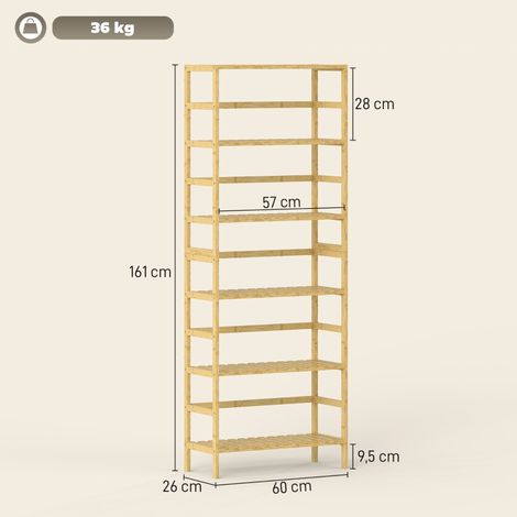 Étagère bambou 6 étages réglable, meuble de rangement autoportant en bois naturel, colonne de stockage robuste pour salon et cuisine (1/5)