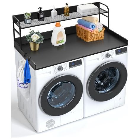 Comptoir pour lave-linge et sèche-linge avec étagère à 2 niveaux, surface de comptoir en bois, 1370 x 700 mm, avec coussinets antidérapants, pour organisation et rangement de la buanderie, noir (1/3)