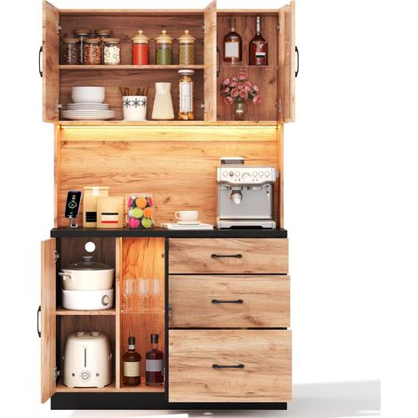 CHICFURN Mobile da cucina alto 105 x 40 x 180 cm in MDF nero effetto legno, LED e prese (1/5)