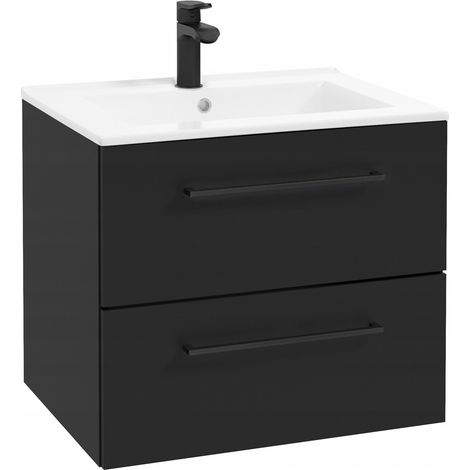 STAMAR  Meuble de Salle de Bain avec Lavabo - 60 x 45 cm - Noir Mat - 2 Tiroirs, Élégant