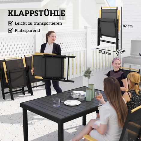 Ensemble de salon de jardin pliable 6 places, 1 table + 6 chaises, mobilier extérieur en aluminium noir avec maille (1/5)