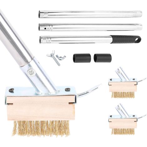 Balai avec manche, balai en fil d'acier, tête de brosse métallique revêtue de cuivre 10 x 3,5 x 4 cm, avec 3 manches amovibles (40 cm), pour terrasse, jardin, douche, mur (1/5)