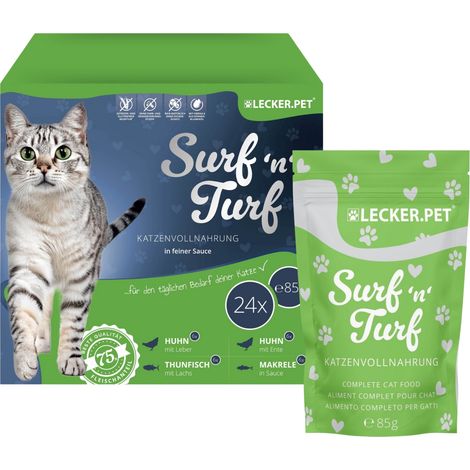 24 x 85 g Lecker.Pet® Surf'n'Turf Pouches Katzenfutter in feiner Sauce Nassfutter - 4 Sorten Multipack (1/5)
