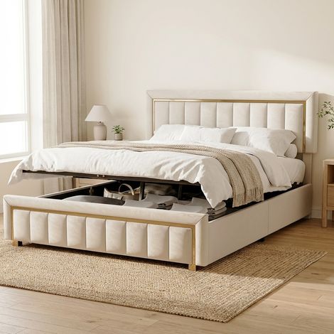 Lit coffre 140x190 cm, lit double adulte avec rangement hydraulique, tête de lit capitonnée avec liseré doré, style luxe moderne, sommier à lattes - Beige