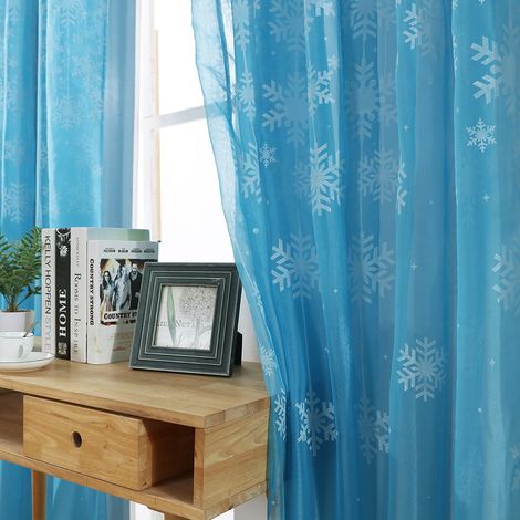 Rideau Voile Imprimé Motif Flocons Transparent pour Chambre et Salon Bleu Ciel