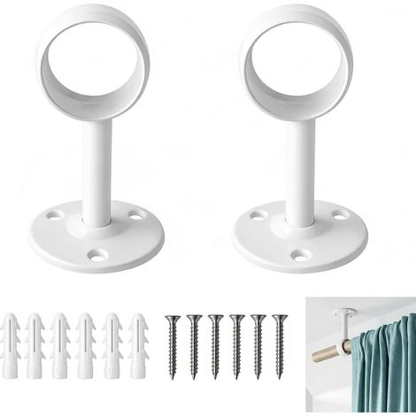 2 Pièces Support Tringle Rideau Plafond, Support Tringle Rideau Inoxydable, Fixation Murale et Plafond pour Tube Rond Ø25mm, Compatible Tringles à Rideaux et Tringles Penderie Blanc (1/5)