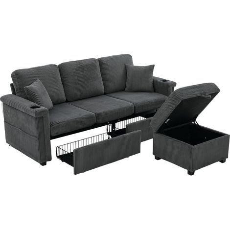 ELVMI Modulares Ecksofa mit LED, USB-C, Stauraum, Getränkehaltern und Seitentaschen aus Cord Dunkelgrau (1/4)