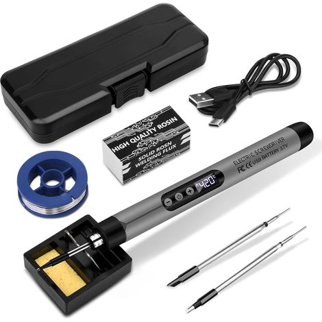 Kit de fer à souder sans fil rechargeable par USB avec écran LCD, température réglable de 330 ℃ à 450 ℃, 3 pannes à souder, fil à souder, pâte à soude (1/5)
