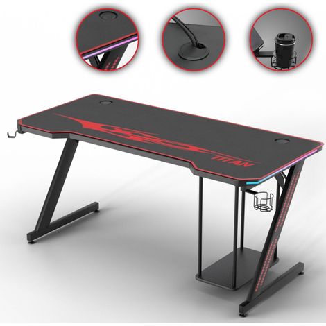 Bureau gaming 140 cm avec éclairage LED RVB – Support PC, porte-gobelet et tapis de souris inclus – Gestion des câbles double – My Sit