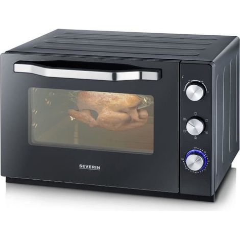 Severin – Mini four grill 60 L – 2200 W – Chaleur tournante – Tournebroche et pierre à pizza 35 cm – Noir/Inox