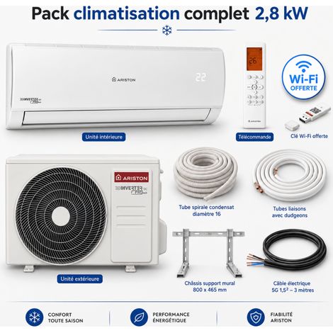 Ariston Group – Climatiseur monosplit réversible 2,8 kW – Technologie Inverter – Pour pièces de 20 à 40 m² – Kit d'installation 3 m inclus