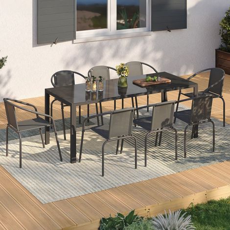 Conjunto de muebles de jardín THELMA Mesa de 190 cm y 8 sillas apilables gris antracita