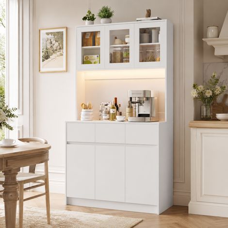 Küchensideboard Wumagin, mit 6 Türen & 3 Schubladen, 178x40x98 cm, mit LED, Steckdosen & USB, für Küche & Esszimmer, Weiß