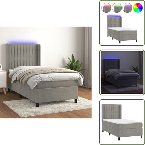 The Living Store Letto a Molle Materasso e LED Grigio Chiaro 100x200 cm Velluto - Materasso a molle
