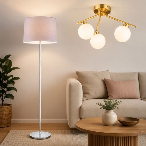 Ensemble d'éclairage « Mid-Century » (2 pièces) – Lampadaire à abat-jour en tissu et plafonnier « Sputnik » à 3 bras (1/5)
