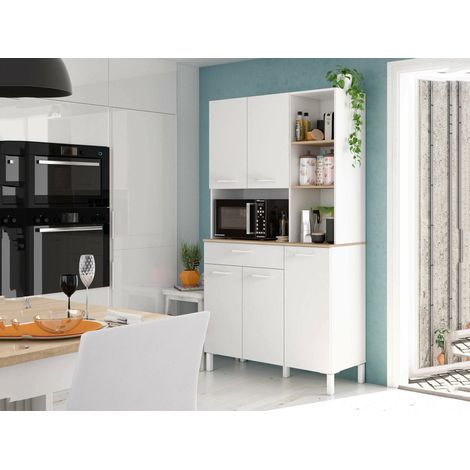 Dmora - Aparador\ Dgalass, Mueble auxiliar de cocina, Aparador con 5 puertas y 1 cajón con baldas, armario abierto, 108x40h186 cm, Blanco y Roble (1/4)