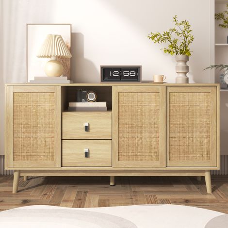 Credenza 155x38x80 cm color legno in MDF e pannelli truciolari con rattan naturale, 3 ante scorrevoli e 2 cassetti (1/5)