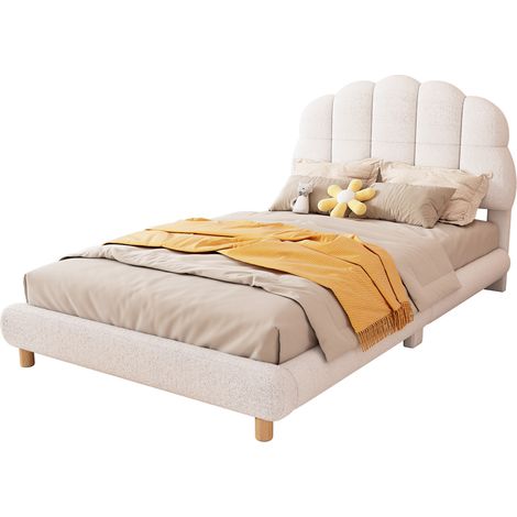 Lit enfant 90x200 cm avec tête de lit fleurie, tissu doux et sommier à lattes, cadre MDF blanc, pour chambre d’enfant, montage facile – CHICFURN (1/5)
