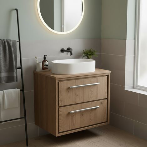 Hudson Reed Lille Wall Hung 2-Drawer Vanity Unit with Worktop 600mm Wide - Antique Oak