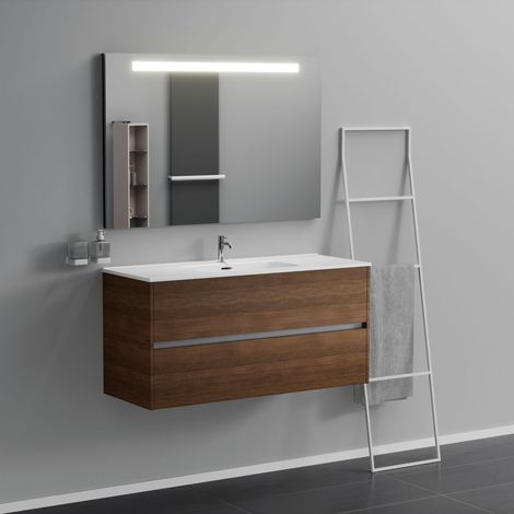 Inda - Badezimmerschrank 2 Schubladen L.120 mit beleuchtetem Spiegelwaschbecken - Braune Eiche