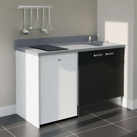 Kitchenette K17L - 140 cm avec plan monobloc et emplacement frigo top-Noir-Cromo-évier à droite (1/4)